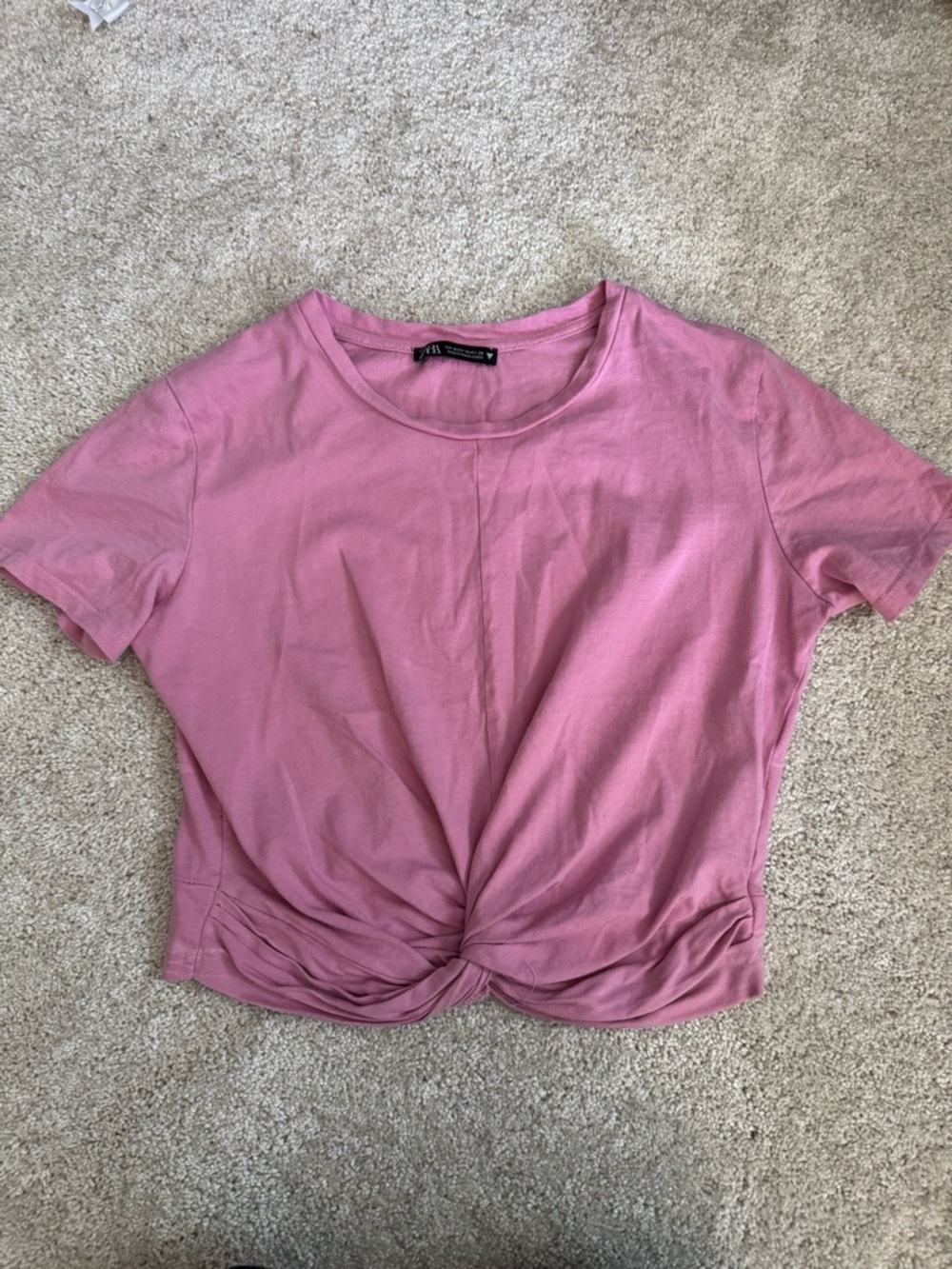 Zara Pink Front-Knot Short Sleeve Crop Top
